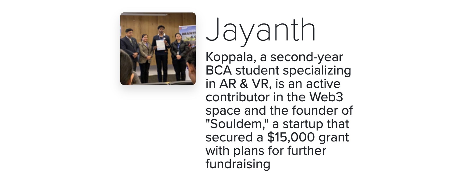 Chandigarh University's UIC achievements page listing Jayanth Koppala as founder of Souldem, a startup that secured a $15,000 grant.