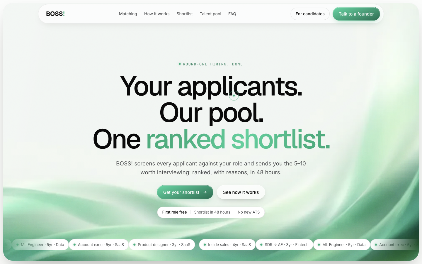 The BOSS! recruiting product interface showing its dark dashboard and candidate workflow